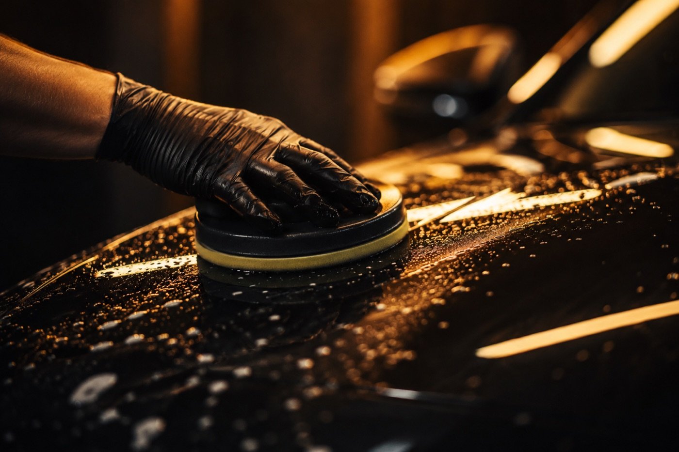 Mão com luva aplicando boina de polimento sobre pintura automotiva escura, com reflexo de luz dourada