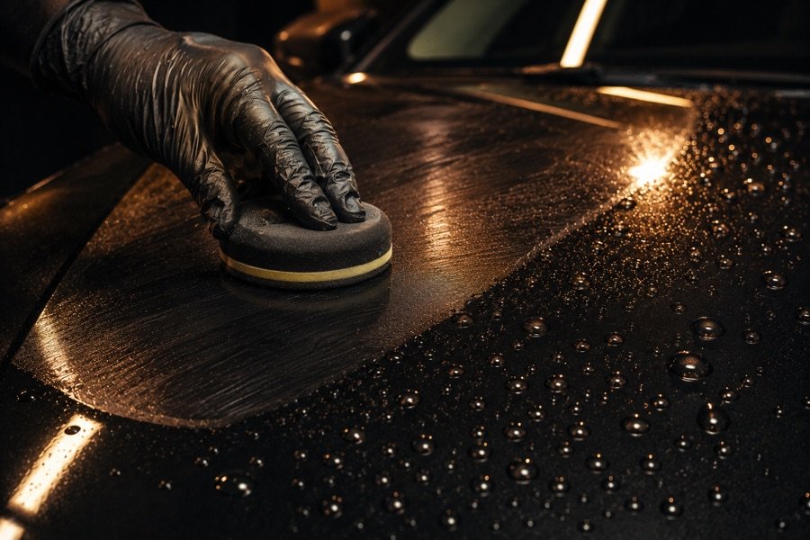 Gotas de água formando pérolas sobre pintura protegida por cera, efeito hidrofóbico