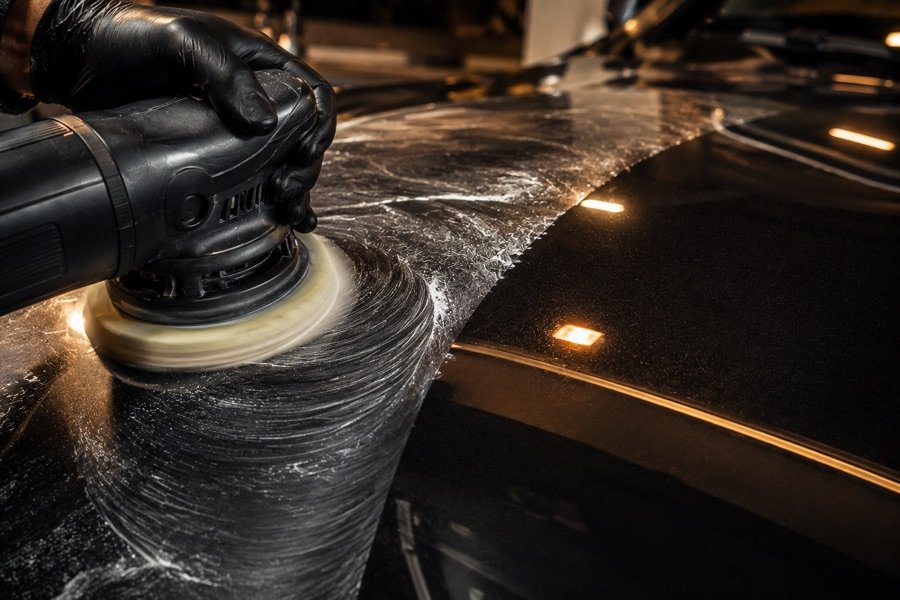 Politriz orbital em ação corrigindo riscos na pintura de um carro escuro